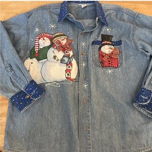 Vintage Denim Snowman Button Down Shirt Christmas holiday